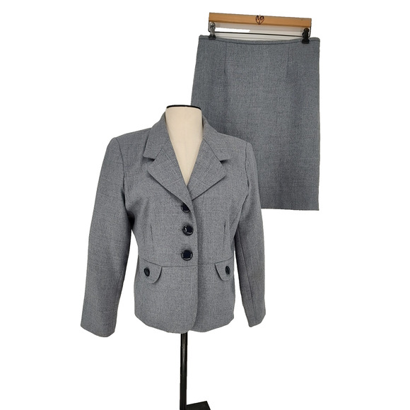 Ainsley & Aidan Petite Woman's Gray Twill Skirt Suit Size 14P Lined Shoulder Pad - Picture 1 of 16
